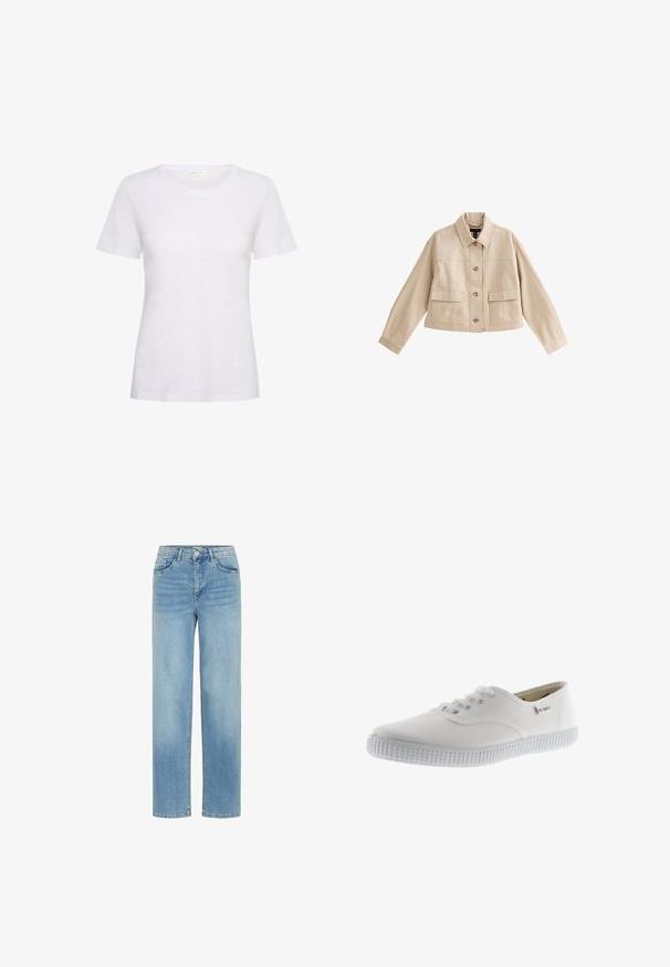 Chaqueta corta beige con mangas largas, cuello, cierre frontal con botones y dos grandes bolsillos frontales con solapas.; Camiseta blanca de manga corta hecha de un tejido suave y ligero. Presenta un escote redondeado y una textura suave con un ligero brillo.; Vaqueros de mezclilla azul claro con corte recto, diseño de cinco bolsillos y cierre de botón. Sin adornos ni patrones visibles.; Zapatillas de lona blancas con punta redonda, diseño con cordones, suela de goma texturizada y un sutil acento de marca. Acabado de tela suave.