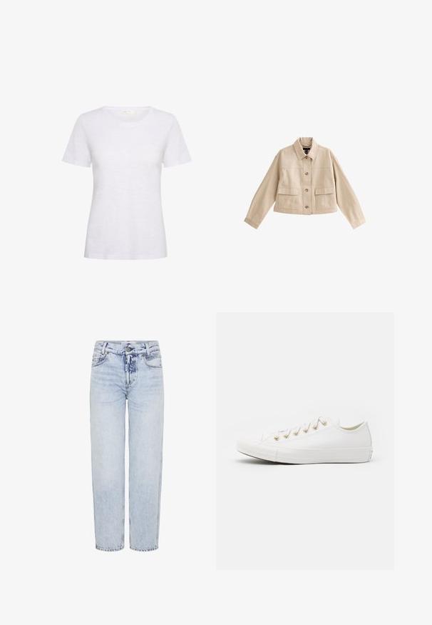 Chaqueta corta beige con mangas largas, cuello, cierre frontal con botones y dos grandes bolsillos frontales con solapas.; Camiseta blanca de manga corta hecha de un tejido suave y ligero. Presenta un escote redondeado y una textura suave con un ligero brillo.; Jeans de mezclilla de tiro alto en color azul claro; corte recto con bolsillos frontales, cierre de botón y patrones de desvanecimiento mínimos.; Converse CHUCK TAYLOR ALL STAR - Zapatillas - vintage white/light gold