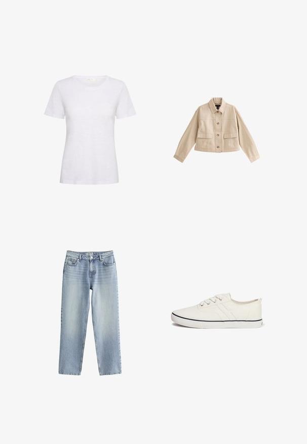 Chaqueta corta beige con mangas largas, cuello, cierre frontal con botones y dos grandes bolsillos frontales con solapas.; Camiseta blanca de manga corta hecha de un tejido suave y ligero. Presenta un escote redondeado y una textura suave con un ligero brillo.; Jeans de mezclilla azul claro con un diseño de pierna recta, cintura alta y un ligero desvanecimiento. Cuentan con un cierre de botón y un estilo clásico de cinco bolsillos.; Zapatillas de lona blancas con un diseño de perfil bajo, puntera redonda, seis ojales, franja de acento en navy y suela de goma texturizada.