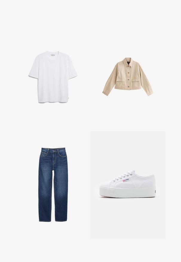 Beige cropped jakke med lange ærmer, krave, knaplukning foran og to store forlommer med klappe.; Hvid bomulds t-shirt med korte ærmer, rund halsudskæring og en afslappet pasform. Ingen synlige mønstre eller logoer. Glat tekstur.; Mørkeblå denim jeans med lige ben, fem lommer og subtil slid. Har kontrastsyninger og en standard lukning med knap og lynlås.; Hvide canvas sneakers med en tyk hvid platformssål, rund tå og metaløjelets til snørebånd. Mærkets logo præsenteret på siden.