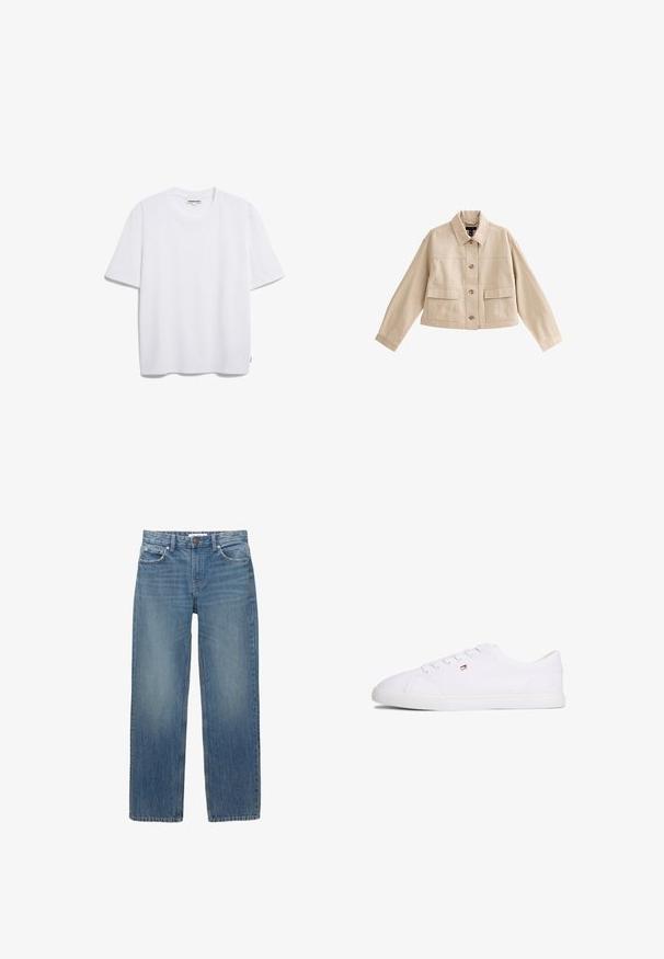 Beige kurze Jacke mit langen Ärmeln, Kragen, Vorderknopfleiste und zwei großen aufgesetzten Fronttaschen mit Klappen.; Weißes Baumwoll-T-Shirt mit kurzen Ärmeln, runder Halslinie und lockerer Passform. Keine sichtbaren Muster oder Logos. Glatte Textur.; Hellblaue Jeans aus Denim mit geradem Schnitt, fünf Taschen und Beschlägen in Kupferfarbe. Der Stoff hat eine leichte Ausbleichung und eine glatte Textur.; Weißer Sneaker mit niedrigem Schaft, Schnürverschluss und kleinem rot-weiß-blauem Logo an der Seite, flache Gummisohle.