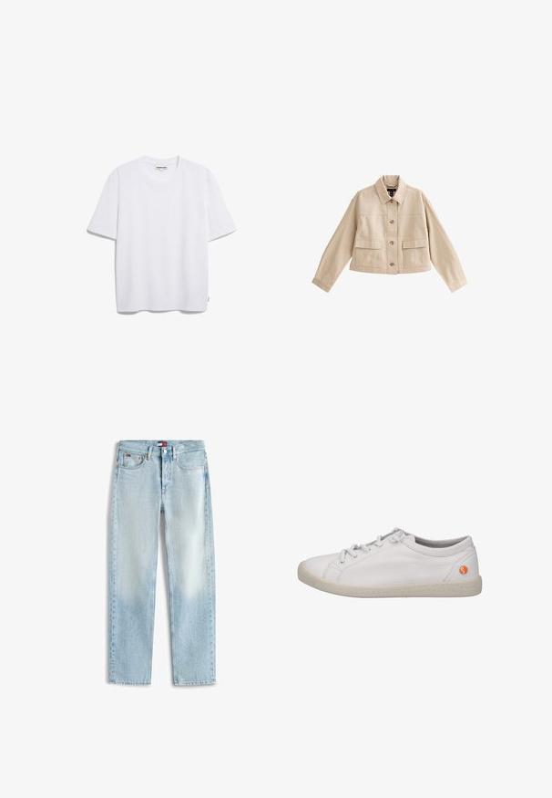 Beige cropped jakke med lange ærmer, krave, knaplukning foran og to store forlommer med klappe.; Hvid bomulds t-shirt med korte ærmer, rund halsudskæring og en afslappet pasform. Ingen synlige mønstre eller logoer. Glat tekstur.; Lyseblå denimjeans med lige ben, fem lommer, lynlås og et lille Tommy Hilfiger-logo på frontens linning og møntlommen.; Hvide lædersneakers med snøring, grå indvendig og orange logoaccent på siden. Har en struktureret gummisål.