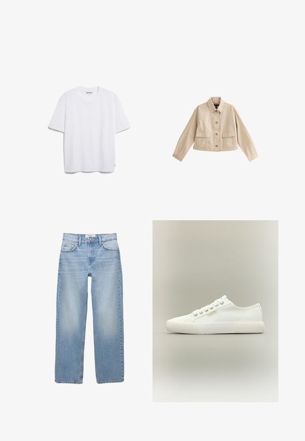 Beige cropped jakke med lange ærmer, krave, knaplukning foran og to store forlommer med klappe.; Hvid bomulds t-shirt med korte ærmer, rund halsudskæring og en afslappet pasform. Ingen synlige mønstre eller logoer. Glat tekstur.; Lyseblå denimbukser med lige ben, fem-pockets stil og synlige syninger. Stofmaterialet har en blød, let falmet tekstur.; Hvid lavtopet lærreds-sneaker med tekstureret gummisål, hvide snørebånd og lille Calvin Klein-mærke på siden.