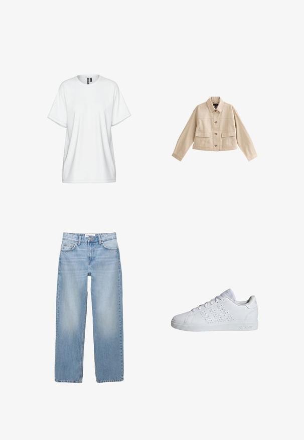 Beige cropped jakke med lange ærmer, krave, knaplukning foran og to store forlommer med klappe.; Hvid bomulds-T-shirt med rund halsudskæring, korte ærmer og løs pasform. Har diskrete syningsdetaljer og en mærkat ved kraven.; Lyseblå denimbukser med lige ben, fem-pockets stil og synlige syninger. Stofmaterialet har en blød, let falmet tekstur.; Hvid Adidas lavsko med snørebånd, perforerede striber på siden og en struktureret gummisål.