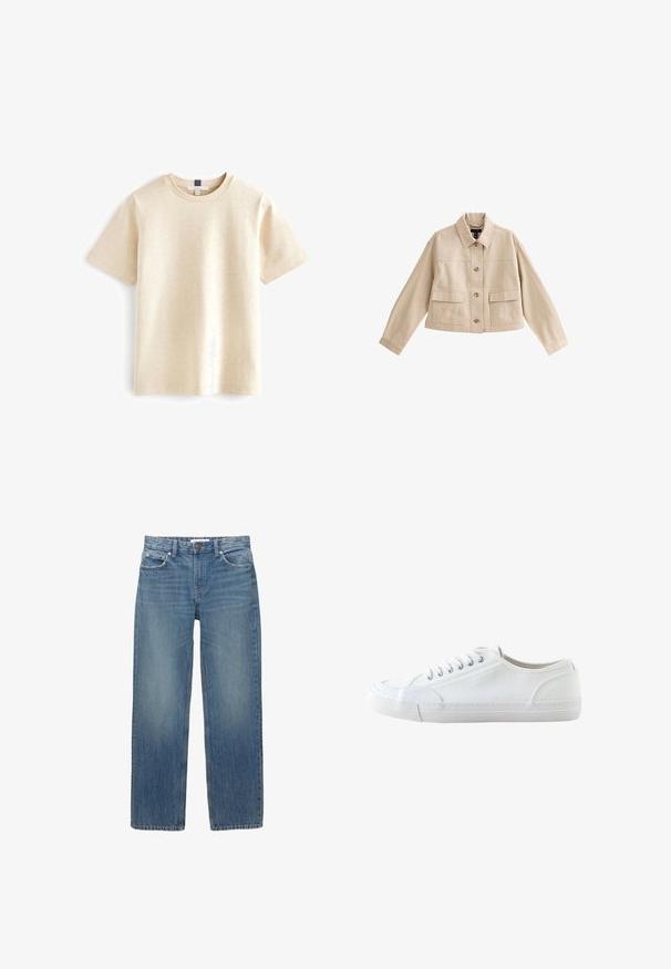 Beige kurze Jacke mit langen Ärmeln, Kragen, Vorderknopfleiste und zwei großen aufgesetzten Fronttaschen mit Klappen.; Beige T-Shirt mit kurzen Ärmeln aus weicher Baumwolle, mit einem runden Ausschnitt und einem entspannten Schnitt mit subtiler Textur.; Hellblaue Jeans aus Denim mit geradem Schnitt, fünf Taschen und Beschlägen in Kupferfarbe. Der Stoff hat eine leichte Ausbleichung und eine glatte Textur.; Weißer niedriger Canvas-Sneaker mit weißen Schnürsenkeln und Gummisohle, von der Seite auf weißem Hintergrund dargestellt.