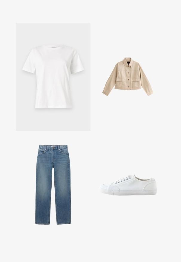 Beige korte jas met lange mouwen, kraag, knoopsluiting aan de voorkant en twee grote voorzakken met kleppen.; Witte katoenen t-shirt met korte mouwen, ronde halslijn en een ontspannen pasvorm. Gladde textuur, geen patronen of accenten, minimalistisch ontwerp.; Lichtblauwe denim jeans met een rechte snit, vijf zakken en koperen hardware. De stof heeft een lichte vervaging en een gladde textuur.; Witte lage canvas sneaker met witte veters en rubberen zool, gezien van opzij op een witte achtergrond.