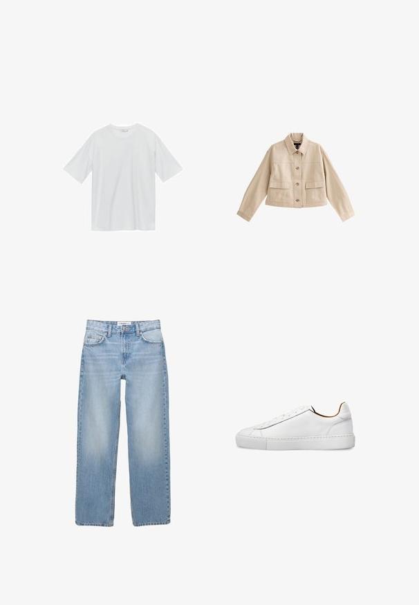 Beige korte jas met lange mouwen, kraag, knoopsluiting aan de voorkant en twee grote voorzakken met kleppen.; Witte t-shirt met korte mouwen, gemaakt van zachte stof. Ronde halslijn, relaxte pasvorm en geen zichtbare patronen of accenten. Eenvoudig, veelzijdig ontwerp.; Lichtblauwe denim jeans met een recht model, vijf zakken en zichtbare stiksels. De stof heeft een zachte, iets vervaagde textuur.; Witte lage leren sneaker met strak design, ronde neus en platte rubberen zool, zijaanzicht.