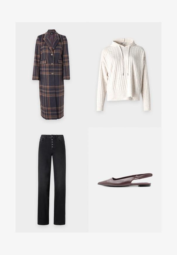 Lang ternet frakke i marineblå, brun og beige. Fremstillet af tekstureret stof med reverskrave, knapper foran og to sidelommer.; Lys beige hoodie med ribbet tekstur, der har en frontlomme, justerbar snor og en let cropped design. Blødt stof.; Sorte denim jeans med høj talje og lige ben, featuring en fem-knaps lynlås, forlommer og en glat overflade.; Bourgognefarvet spids tå slingback flad sko med lav hæl og justerbar rem på hvid baggrund.