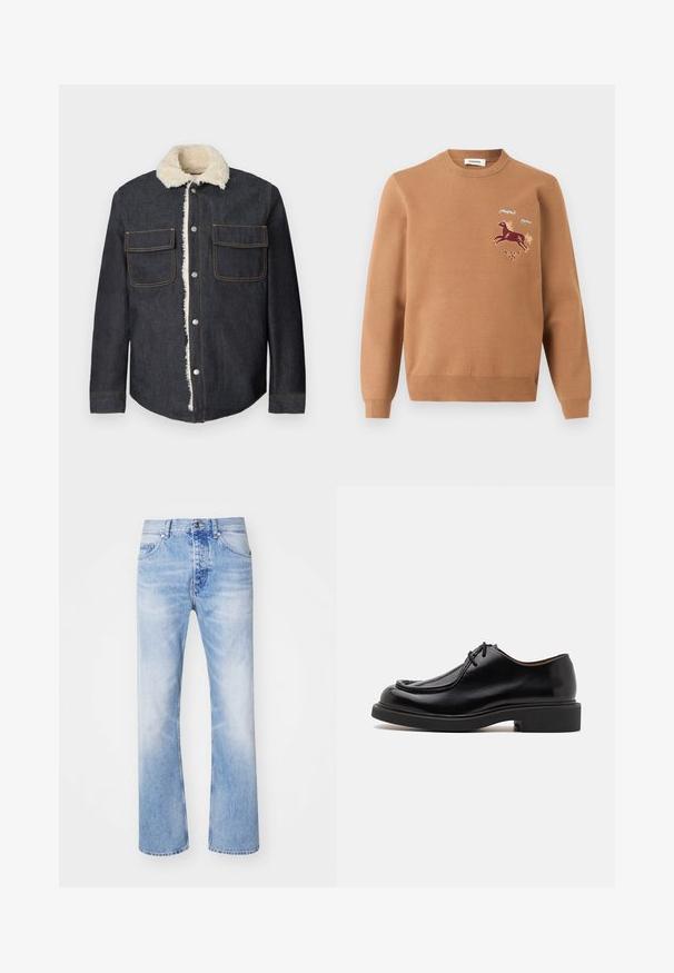 Chaqueta de denim oscuro con cuello de borrego sintético, dos bolsillos delanteros y cierre de botones. Presenta costuras naranjas y un ajuste relajado.; Suéter marrón claro de manga larga con cuello redondo y diseño bordado de un caballo corriendo, remolinos azules y un pequeño motivo floral en el pecho.; Pantalones vaqueros de mezclilla azul claro con un diseño de pierna recta, que cuentan con un estilo clásico de cinco bolsillos y un sutil patrón desvaído.; Zapato de cuero negro con punta redondeada, detalles de costura, cordones mínimos y suela de goma gruesa para tracción y durabilidad.