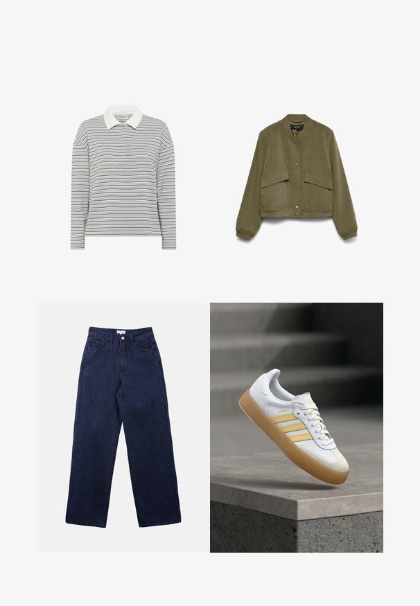 Olívovo zelená krátka bunda s rebrovaným golierom, dvoma vreckami s chlopňou a gombíkmi. Materiál má jemnú textúru, čo vytvára neformálny vzhľad.; My Essential Wardrobe MWKLARA - Polokošeľa - peal blue striped; Tmavomodré deninové nohavice s rovnými nohavicami, so zapínaním na predný gombík, pútkami na opasok a dvoma prednými vreckami.; Biely kožený teniska so žltými akcentmi, tromi pruhmi a podrážkou z gumovej gumy. Má zaoblenú špičku a textúrovaný jazyk.