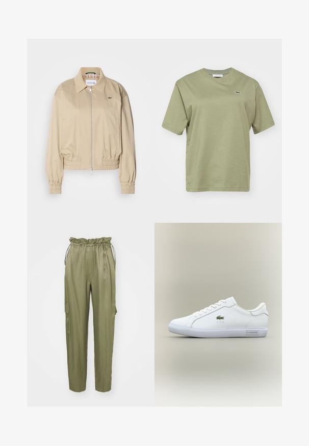 Chaqueta corta beige hecha de tejido ligero, con cremallera completa, puños elásticos y un logo discreto en el pecho.; Lacoste Camiseta básica - khaki; Pantalones cargo verde oliva con cintura elástica ajustable y piernas taperadas, además de un bolsillo lateral de parche. Tela suave con un acabado mate.; Zapatilla baja blanca con cordones blancos, logo de cocodrilo verde en el lateral y etiqueta "Lacoste" en la suela, sobre un fondo neutro.