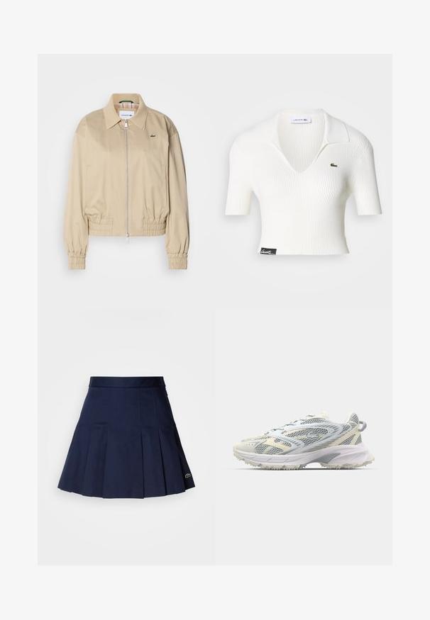 Beige kurze Jacke aus leichtem Material, mit einem vollständigen Reißverschluss, elastischen Bündchen und einem dezenten Logo auf der Brust.; Weißes geripptes, kurzes Polohemd mit V-Ausschnitt, kurzen Ärmeln und grünem Lacoste-Krokodil-Logo auf der linken Brust. Schwarzes Etikett am Saum.; Marineblauer Faltenrock mit einem taillierten Bund, aus einem glatten Stoff gefertigt. Verfügt über ein kleines Lacoste-Logo am Saum.; Mesh-Sportschuh in Grau und Creme, mit strukturiertem Obermaterial, verstärkter Spitze und einer hellen, robusten Laufsohle für besseren Halt.