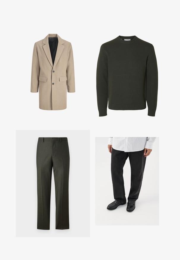 Beige overcoat met een notch-lapel, sluiting met één knoop en twee voorzakken. Gemaakt van textuurstof met een gladde binnenvoering.; Donkergroene gebreide trui met ronde hals, lange mouwen en geribde boorden en zoom, weergegeven op een witte achtergrond.; Donkergroene op maat gemaakte broeken met een gladde textuur, rechte pasvorm, riemlussen en plooien aan de voorkant. Geen zichtbare zakken of versieringen.; Zwarte denim broek gecombineerd met glanzende zwarte instappers. Het shirt is wit met dunne verticale strepen, heeft lange mouwen en een geknoopte kraag.