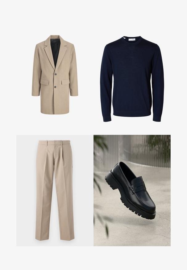 Beige Mantel mit Reverskragen, Ein-Knopf-Verschluss und zwei Fronttaschen. Hergestellt aus strukturiertem Stoff mit einem glatten Innenfutter.; Marineblauer Langarmpullover mit Rundhalsausschnitt, gerippten Bündchen und Saum, gefertigt aus feinem Strickstoff.; Beige maßgeschneiderte Hose mit Gürtelschlaufen, vorderen Abnähern und geraden Beinen, vor weißem Hintergrund präsentiert.; Schwarze Lederloafer mit einer robusten profilierten Sohle, ausgestattet mit einem dekorativen Riemen und einer Stichdetail. Glatte Textur mit einem polierten Finish.