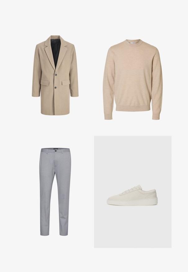 Manteau beige avec un col cranté, fermeture à un bouton et deux poches avant. Fabriqué en tissu texturé avec une doublure intérieure lisse.; Pull beige à manches longues et col rond en tissu tricoté doux, avec poignets et ourlet côtelés, conçu pour hommes.; Pantalon à motifs gris en tissu au toucher lisse. Comprend une fermeture à bouton et une coupe fuselée.; Baskets beiges avec une finition en daim lisse, bout rond et semelle en caoutchouc plate. Présentent un système de laçage et un design minimaliste avec des coutures discrètes.