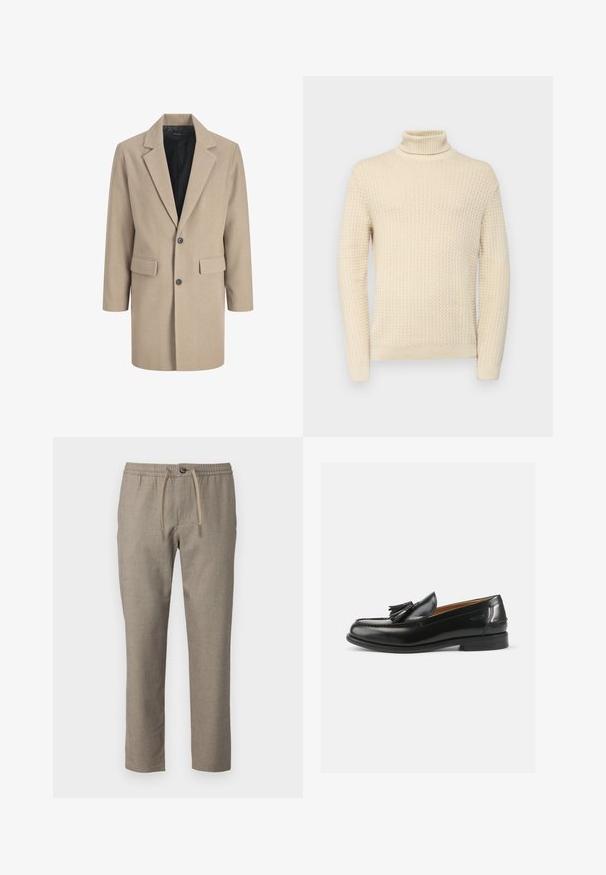 Beige Mantel mit Reverskragen, Ein-Knopf-Verschluss und zwei Fronttaschen. Hergestellt aus strukturiertem Stoff mit einem glatten Innenfutter.; Cremfarbener Rollkragenpullover mit strukturiertem Strickmuster, ausgestattet mit langen Ärmeln sowie gerippten Bündchen und Saum.; Beige Hose mit elastischem Bund, Kordelzug und geradem Bein. Das Material hat eine dezente Textur.; Schwarze Leder Slipper mit einem Quastenakzent, runder Spitze und glatter Oberfläche. Die Sohle ist flach mit minimalem Profil.