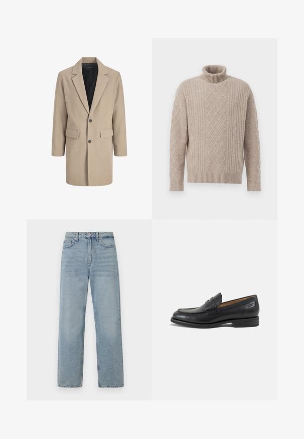 Beige frakke med klippede revers, enkelt knaplukning og to frontlommer. Lavet af tekstureret stof med en glat indvendig foring.; Beige polohigh sweater lavet af tekstureret strikstof, med en ribbet krave og diamantkabelstrikmønstre på fronten.; Lys blå denim jeans med høj talje, lige ben-design, fem-lommes styling og subtil falming for et slidt udseende.; Sort læder herresko med syninger, lav stakket hæl og en smal rem over overdelen, vist fra siden på en hvid baggrund.