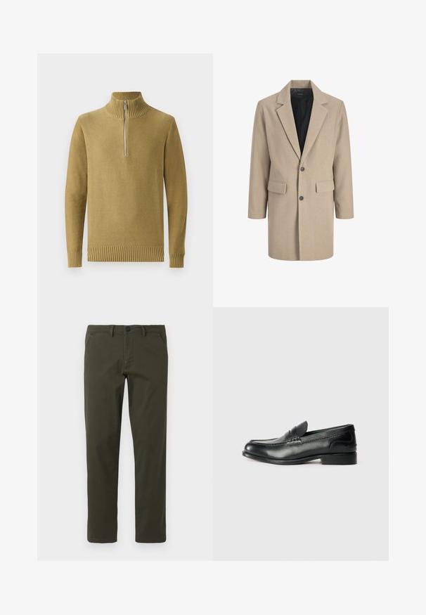 Beige Mantel mit Reverskragen, Ein-Knopf-Verschluss und zwei Fronttaschen. Hergestellt aus strukturiertem Stoff mit einem glatten Innenfutter.; Olivgrüner Strickpullover mit hohem Rippenkragen, halbmilchigem Reißverschluss vorne und gerippten Bündchen und Saum. Glatte Textur, lässiges Design.; Olivgrüne, gerade geschnittene Hosen aus Baumwoll-Mischgewebe. Mit Reißverschluss, Gürtelschlaufen und zwei seitlichen Taschen. Glatte Textur.; Schwarze Lederloafers mit glatter Oberfläche, gesteppten Details über dem Vorderblatt und einem leicht erhöhten Absatz.