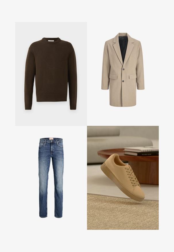 Beige overcoat met een notch-lapel, sluiting met één knoop en twee voorzakken. Gemaakt van textuurstof met een gladde binnenvoering.; Bruine gebreide trui met een ronde hals, lange mouwen en ribgebreide manchetten. Zachte textuur, gladde afwerking en een ontspannen pasvorm.; Rechthoekige blauwe jeans met lichte vervaging op de dijen en knieën, met een sluiting met knoop en ritssluiting aan de voorkant, en een vijf-pocket ontwerp.; Beige vetersneaker die boven een gestructureerd tapijt zweeft, met een houten salontafel en gestapelde boeken op een wazige achtergrond.