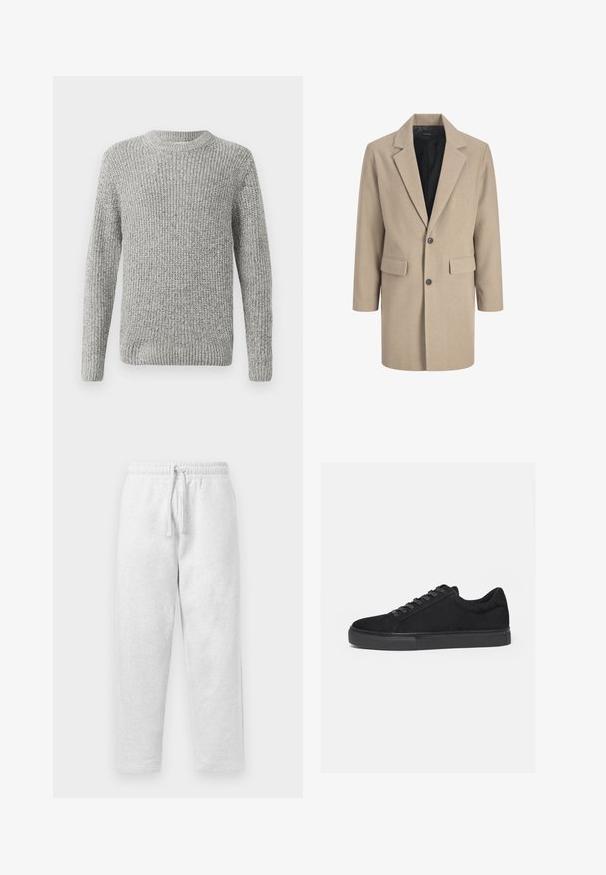 Manteau beige avec un col cranté, fermeture à un bouton et deux poches avant. Fabriqué en tissu texturé avec une doublure intérieure lisse.; Pull en tricot gris à manches longues, col rond, avec des poignets et un ourlet côtelés. La texture est épaisse et texturée, adaptée aux temps frais.; Pantalons de survêtement gris clair en tissu doux, avec une taille élastique dotée d'un cordon de serrage et une coupe décontractée.; Baskets basses noires avec fermeture à lacets à l'avant et semelle en caoutchouc plate, vues de profil sur fond blanc.