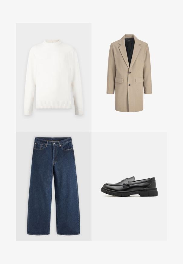 Beige frakke med klippede revers, enkelt knaplukning og to frontlommer. Lavet af tekstureret stof med en glat indvendig foring.; Cremefarvet sweater med en høj ribbet halsudskæring, lange ærmer og ribbede manchetter. Stoffet ser blødt og tekstureret ud.; Mørkeblå vidde jeans med forlommer, knaplukning og bæltestropper, lagt fladt på en lys baggrund.; Sort læder loafersko med en bred rem over forfoden, gummisål med tykke mønstre og glat overflade. Klassisk, slankt design.
