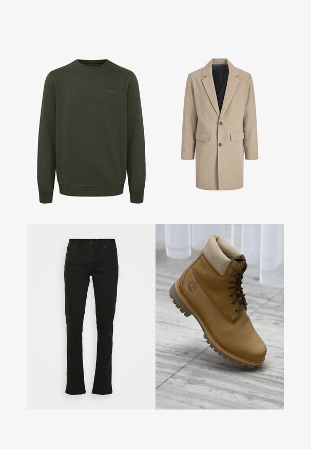 Beige frakke med klippede revers, enkelt knaplukning og to frontlommer. Lavet af tekstureret stof med en glat indvendig foring.; Olivengrøn sweatshirt lavet af blødt stof, med rund halsudskæring, lange ærmer og ribkant. Diskret "blend" logo i matchende farve.; Sorte jeans lavet af en bomuldsblanding, med straight leg design, fem-lomme stil, frontknaplukning og minimale syninger detaljer.; Tan ruskind støvle med snørebånd, polstret krave og robust sål, hvilende på gråt flisegulv nær hvide gardiner.