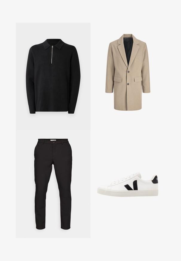 Manteau beige avec un col cranté, fermeture à un bouton et deux poches avant. Fabriqué en tissu texturé avec une doublure intérieure lisse.; Pullover noir avec des manches longues et un col zippé. Fabriqué en tissu doux, avec une texture lisse et un design simple et minimaliste.; Pantalons noirs ajustés avec une coupe slim. Comprend une fermeture à glissière, un bouton, des poches latérales et un tissu lisse et léger.; Sneaker blanche en cuir avec des accents en daim noir ; dispose d'une semelle en caoutchouc, d'un bout rond et d'un design classique à lacets. Logo latéral en noir.