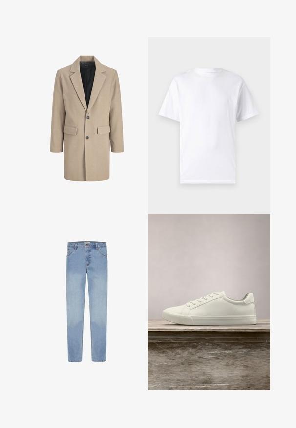 Beige overcoat met een notch-lapel, sluiting met één knoop en twee voorzakken. Gemaakt van textuurstof met een gladde binnenvoering.; Witte T-shirt met korte mouwen, gemaakt van katoen, met een ronde hals. Het heeft een gladde textuur en een eenvoudig ontwerp zonder patronen of accenten.; Lichtblauwe denim jeans met een rechte pasvorm, ontwerp met vijf zakken en zichtbare stiksels. Het materiaal is glad met een lichte vervaagwerking.; Witte vetersneaker die boven een houten bank zweeft met groene bladeren op de achtergrond, waarbij het ontwerp en de textuur van de schoen worden getoond.