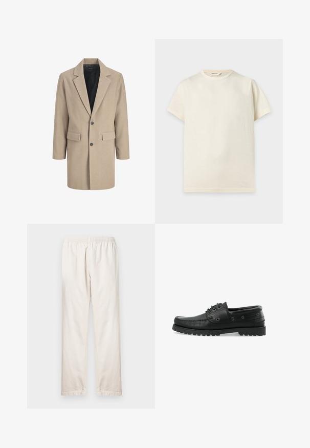 Beige frakke med klippede revers, enkelt knaplukning og to frontlommer. Lavet af tekstureret stof med en glat indvendig foring.; Basic kortærmet bomulds t-shirt i off-white med rund hals og en lille indvendig label med teksten "Selected."; Lyse beige bukser med elastisk talje, lige ben og glat bomuldsstruktur. Enkel, ubesmykket stil.; Sorte læder bådsko med tekstureret overflade, snørebåndsdesign, gummisål med trækkraft og metaløjer på siderne.