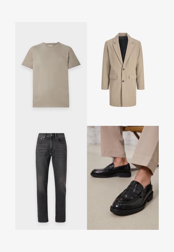 Beige frakke med klippede revers, enkelt knaplukning og to frontlommer. Lavet af tekstureret stof med en glat indvendig foring.; Kortærmet t-shirt i lys beige bomuld, med rund halsudskæring, enkelt design og glat tekstur uden synlige mønstre eller detaljer.; Sorte denimjeans med lige ben, der har frontlommer, knaplukning og subtil fading på stoffet.; Sorte lædermokkasiner med en glat overflade, der har en dekorativ rem og kontraststing, parret med beige bukser.