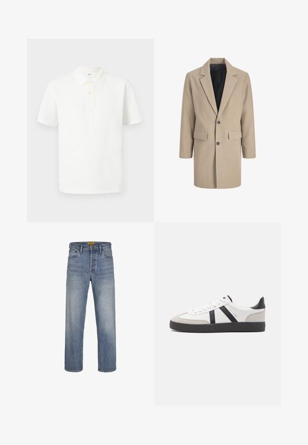 Manteau beige avec un col cranté, fermeture à un bouton et deux poches avant. Fabriqué en tissu texturé avec une doublure intérieure lisse.; Chemise polo blanche en coton avec un col classique, des manches courtes, une patte de boutonnage à deux boutons et un tissu texturé subtil.; Jeans droits en denim bleu clair, avec un lavage décoloré, un design à cinq poches, des passants de ceinture, et une fermeture à glissière avec bouton.; Baskets blanches avec des accents noirs et gris, présentant un embout texturé gris, une semelle en caoutchouc noir et des lacets plats blancs. Design épuré, style minimaliste.