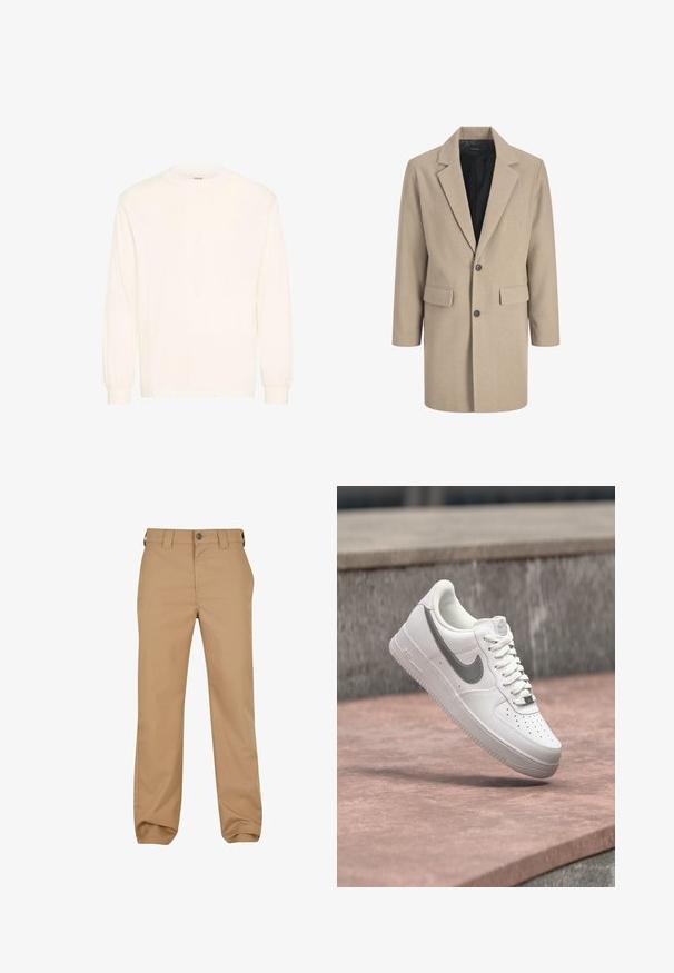 Abrigo beige con solapa muesca, cierre de un solo botón y dos bolsillos frontales. Está hecho de un tejido texturizado con un forro interior suave.; Camisa de manga larga en algodón blanco roto con cuello redondo y puños elásticos, que presenta un diseño minimalista y una textura suave.; Pantalones chinos de algodón en color beige con un diseño de pierna recta, cierre de botón y lazos para cinturón. Textura suave, con pliegues frontales sutiles y bolsillos.; Zapatilla blanca Nike Air Force 1 con logo swoosh gris flotando sobre una superficie de piedra y un fondo de pared de piedra gris.
