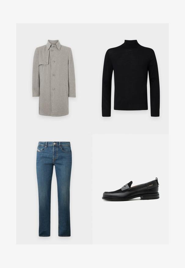 Manteau en laine gris mélangé avec un col, fermeture boutonnée et une poche plaquée sur le côté gauche. Manches longues avec une silhouette droite.; Un pull-over noir à col roulé en tissu doux, avec des manches longues et une silhouette ajustée, présentant un petit détail rond au niveau du cou.; Jean en denim bleu foncé avec une coupe droite, style à cinq poches et un léger délavage. Présente un bouton métal et des passants de ceinture.; Mocassin en cuir noir avec détail de bride grise, talon bas et semelle texturée, marqué "HUGO" en or sur le côté.