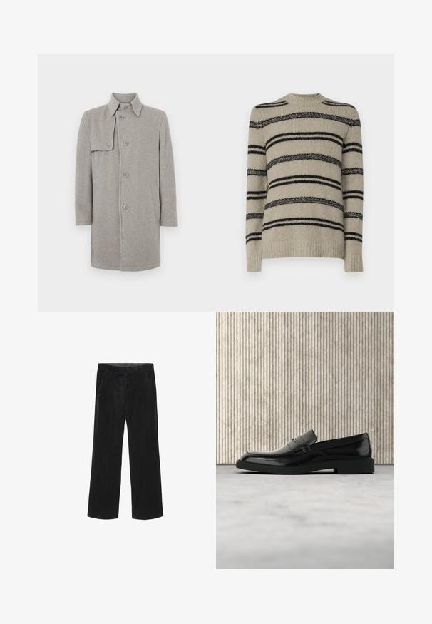 Grå uldblandingsfrakke med krave, knaplukning og en lomme på venstre side. Lange ærmer med en lige silhuet.; Beige sweater med sorte striber, strikket tekstur, rund halsudskæring og lange ærmer. Har varierende stribet tykkelse for detaljer.; Sorte, brede fløjl bukser med en glat tekstur, der har to forlommer og et tætsiddende taljebånd.; Sort poleret læderloafer flydende over beige tæppe med orange gennemsigtigt møbel i baggrunden.
