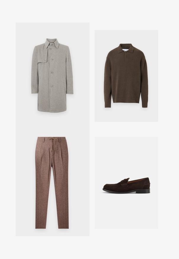 Grå uldblandingsfrakke med krave, knaplukning og en lomme på venstre side. Lange ærmer med en lige silhuet.; Brun strikket pullover med kraveudskæring, to-knaps lukning og ribbede manchetter og kant. Blød tekstur, afslappet pasform.; Brune, strukturerede bukser med et hørmønster, der har en snøre i taljen og to frontfolder. Lige ben-design.; Mørkebrune mokkasiner til mænd i ruskind med dekorative syninger og lav hæl, vist fra ydersiden på en ensartet lys baggrund.