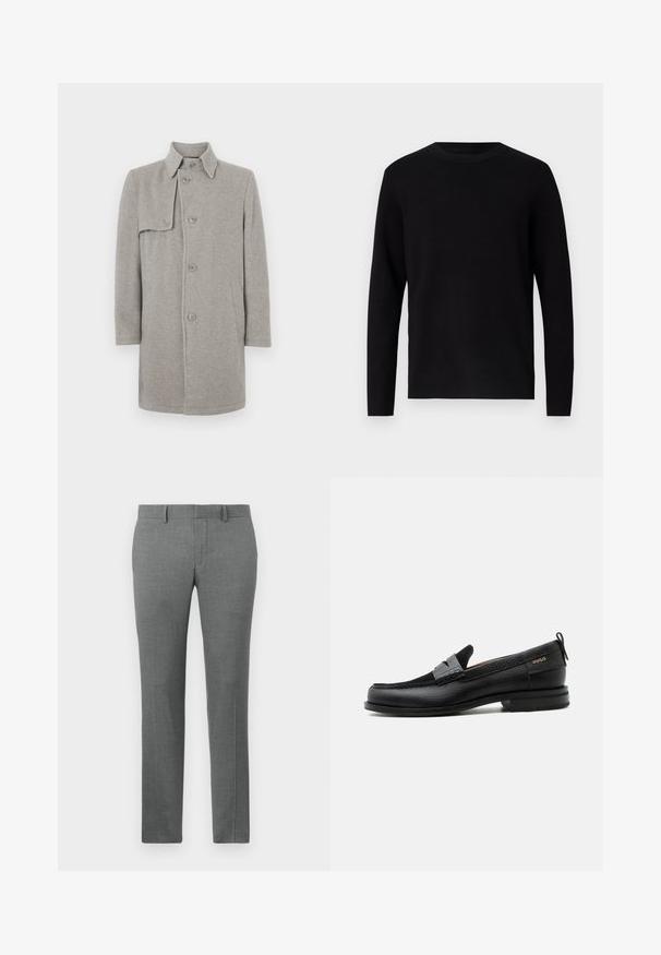 Manteau en laine gris mélangé avec un col, fermeture boutonnée et une poche plaquée sur le côté gauche. Manches longues avec une silhouette droite.; Pull en maille noir avec un col rond et des manches longues. Texture lisse et couleur unie, sans motifs ni accents visibles.; Pantalons gris ajustés avec une texture lisse, design à jambe droite, passants de ceinture et un motif chevron subtil sur l'ensemble.; Mocassin en cuir noir avec détail de bride grise, talon bas et semelle texturée, marqué "HUGO" en or sur le côté.
