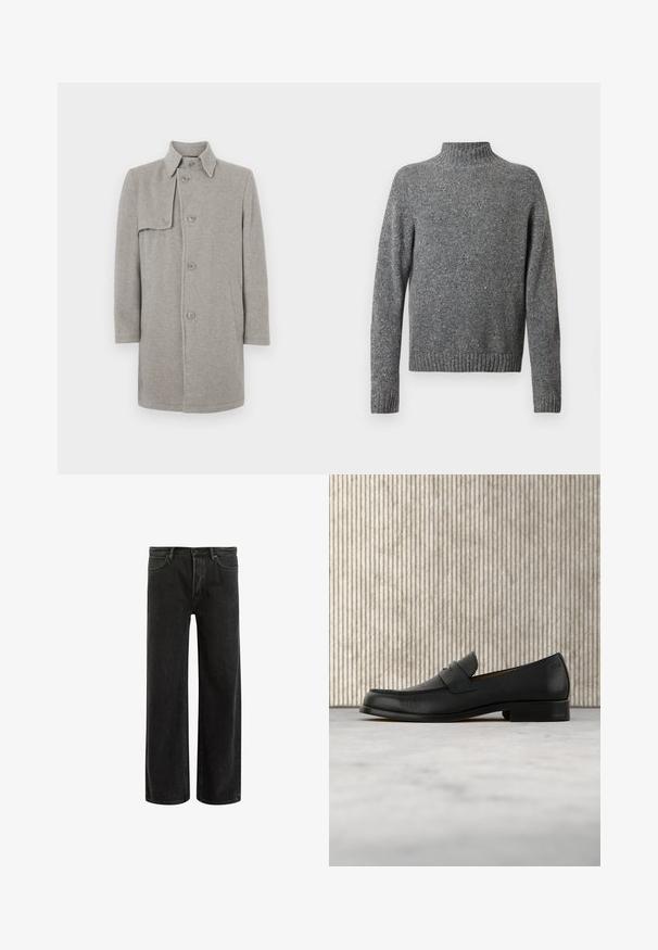 Grijze wolmix jas met een kraag, knoopsluiting en een linker zijzak. Lange mouwen met een rechte snit.; Grijs gespikkeld gebreid sweater met een hoge hals, lange mouwen en geribbelde manchetten en zoom.; Zwarte denims met wijde benen en een hoge taille, met een klassiek vijf zakken ontwerp en subtiele vervaging voor een textuur uitstraling.; Zwarte leren loafer zweeft boven een beige tapijt met op de achtergrond een glanzende, ronde, bruine tafel.