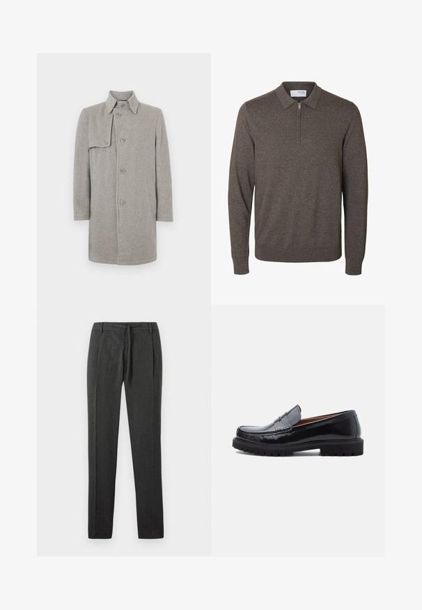 Grå uldblandingsfrakke med krave, knaplukning og en lomme på venstre side. Lange ærmer med en lige silhuet.; Herre langærmet brun strikket sweater med krave og kort lynlås ved halsen, ribstrikkede manchetter og kant, mærket Selected Homme.; Mørkegrå bukser med struktureret stof, lige ben-design, forknyttede folder og en talje med snor. Ingen synlige lommer eller detaljer.; Sorte læder penny loafer med chunky gummisål og moc toe syninger, vist i profil på en hvid baggrund.