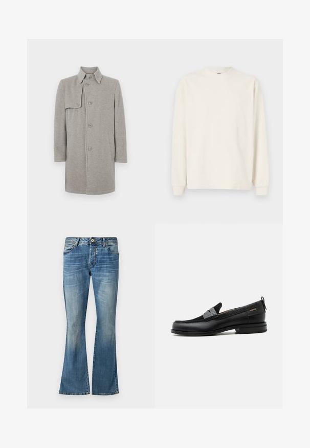 Grijze wolmix jas met een kraag, knoopsluiting en een linker zijzak. Lange mouwen met een rechte snit.; Langermige, ribgebreide top in gebroken wit met een ronde hals en fitted mouwen, met een ontspannen silhouet.; Blauwe flared jeans van denim met een vervaagde was. Beschikken over vijf riemlussen, een knoopsluiting en klassieke stiksels.; Zwarte leren loafer met grijs riemdetailelement, lage hak en gestructureerde zool, aan de zijkant gebrandmerkt met "HUGO" in goud.