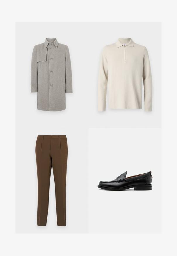 Manteau en laine gris mélangé avec un col, fermeture boutonnée et une poche plaquée sur le côté gauche. Manches longues avec une silhouette droite.; Polo à manches longues de couleur crème avec une fermeture éclair au col, fabriqué en tissu doux et texturé, avec une coupe classique et un design minimaliste.; Pantalons marron sur mesure avec une texture lisse, dotés de deux plis avant, de jambes droites et de passants de ceinture. Design épuré et minimaliste.; Mocassin homme en cuir noir avec couture moc toe, bride penny, col texturé et petit talon empilé sur fond blanc.