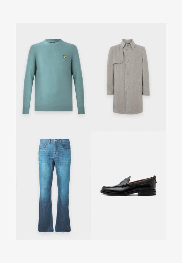 Grijze wolmix jas met een kraag, knoopsluiting en een linker zijzak. Lange mouwen met een rechte snit.; Sweater met ronde hals in zachte teal stof, met lange mouwen en een geribde zoom. Gele geborduurde logo-accent op de borst.; Mid-blue gewassen denim jeans met een lichte flare aan de onderkant, klassieke vijf-pocket ontwerp, en een sluiting met knoop en rits aan de voorkant.; Zwarte leren herensloffen met moc toe stiksel, pennyriem, gestructureerde kraag en lage gestapelde hak op witte achtergrond.