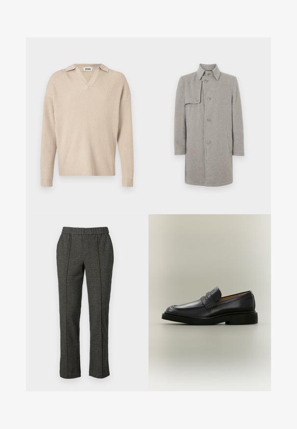 Manteau en laine gris mélangé avec un col, fermeture boutonnée et une poche plaquée sur le côté gauche. Manches longues avec une silhouette droite.; Pull à col V en tricot côtelé beige, avec des manches longues et une coupe décontractée, fabriqué dans un tissu doux et texturé.; Pantalons taillés gris en tissu texturé, avec une taille élastique, des jambes droites et des détails de plis à l'avant.; Mocassin homme en cuir noir avec un petit talon et une bride sur le dessus, montré de profil sur un fond neutre.