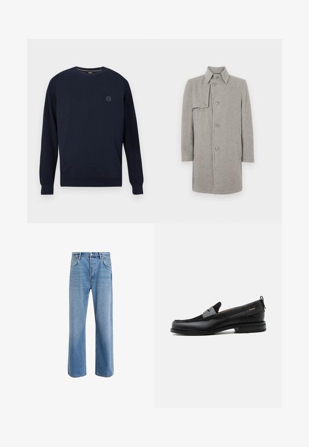 Grau melierter Wollmischmantel mit Kragen, Knopfverschluss und einer aufgesetzten Tasche auf der linken Seite. Lange Ärmel mit gerader Silhouette.; Marineblaues Rundhals-Pullover aus Strickstoff mit gerippten Ärmelbündchen und Saum. Ein rundes Logo befindet sich auf der Brust.; Helle blaue Jeans im Geradeschnitt-Design, mit fünf Taschen, Knopfverschluss, minimaler Ausbleichung und kontrastierenden Nähdetails.; Schwarzer Lederloafer mit grauem Riemendetail, niedrigem Absatz und strukturierter Sohle, seitlich mit „HUGO“ in Gold gebrandmarkt.