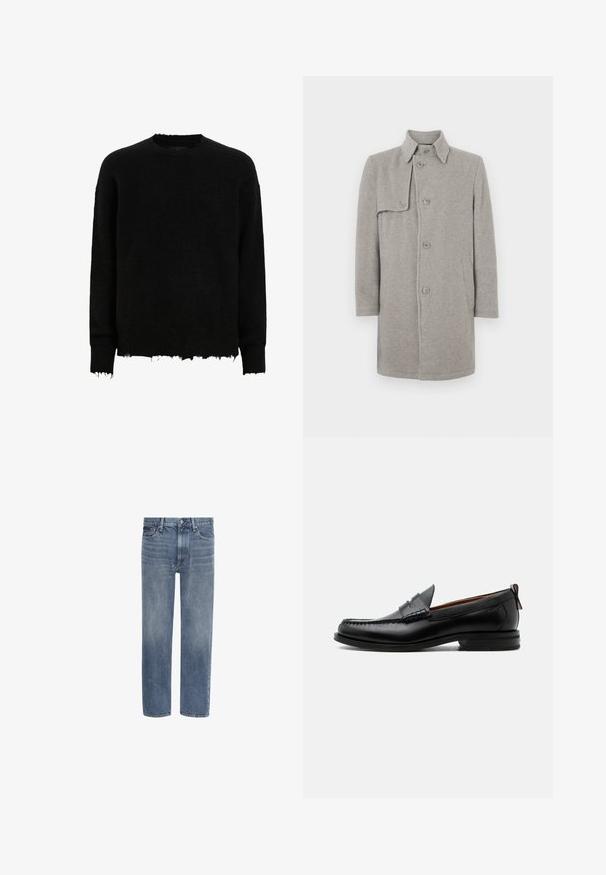 Grå uldblandingsfrakke med krave, knaplukning og en lomme på venstre side. Lange ærmer med en lige silhuet.; Sort langærmet crewneck sweater med frynsede kanter på ærmer og nederste kant, lavet af et fuzzy strikket stof.; Blå straight-leg denim jeans med forlommer, bæltestropper og knaplukning.; Sort læder herre loafer med moc-tå syning, penny strop, struktureret krave og lav stablet hæl på hvid baggrund.
