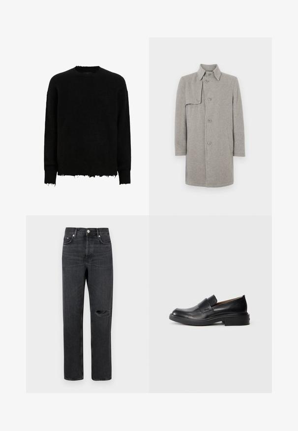 Grå uldblandingsfrakke med krave, knaplukning og en lomme på venstre side. Lange ærmer med en lige silhuet.; Sort langærmet crewneck sweater med frynsede kanter på ærmer og nederste kant, lavet af et fuzzy strikket stof.; Sorte denim jeans med lige ben, der har et revnet knæ, fem-lomme design og metalbeslag ved taljen og lommerne.; Sorte læder slip-on dress sko med lav hæl og subtil Calvin Klein logo på siden, vist i profil på en hvid baggrund.