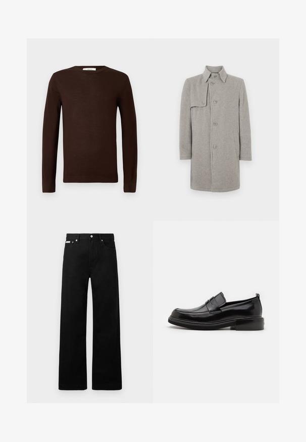 Grau melierter Wollmischmantel mit Kragen, Knopfverschluss und einer aufgesetzten Tasche auf der linken Seite. Lange Ärmel mit gerader Silhouette.; Dunkelbrauner langärmeliger Rundhalsausschnitt-Pullover mit gerippten Bündchen und Saum, auf einem schlichten weißen Hintergrund präsentiert.; Schwarze Denim-Hose im weiten Bein-Design mit fünf Taschen und metallenen Knopfdetails. Glatte Textur, ohne sichtbare Muster.; Calvin Klein MOCCASIN - Business-Slipper - black