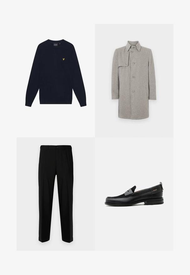 Grijze wolmix jas met een kraag, knoopsluiting en een linker zijzak. Lange mouwen met een rechte snit.; Marineblauwe lange mouwen crewneck sweater met een klein geel geborduurd adelaarslogo op de linker borst.; Zwarte broek van gladde stof, met een rechte snit, twee voorzakken en een ritssluiting met knoopsluiting.; Zwarte leren loafer met grijs riemdetailelement, lage hak en gestructureerde zool, aan de zijkant gebrandmerkt met "HUGO" in goud.