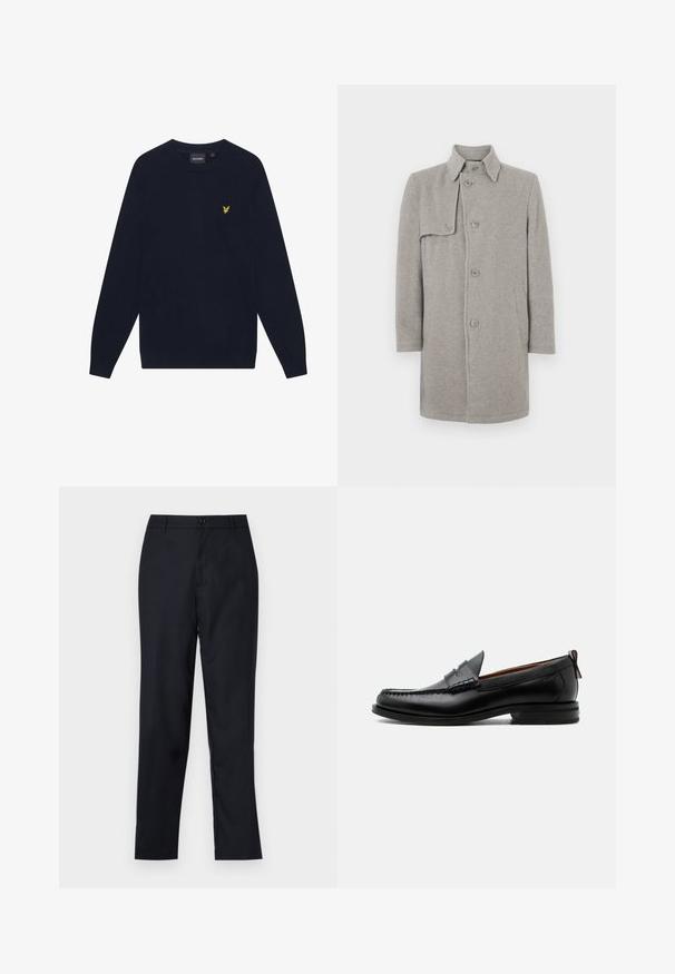 Grå uldblandingsfrakke med krave, knaplukning og en lomme på venstre side. Lange ærmer med en lige silhuet.; Mørkeblå langærmet crew neck sweater med et lille gult broderet ørnelogo på venstre bryst.; Marineblå bukser lavet af glat stof, med lige ben design, en enkelt knaplukning og subtile forfald i fronten.; Sort læder herre loafer med moc-tå syning, penny strop, struktureret krave og lav stablet hæl på hvid baggrund.
