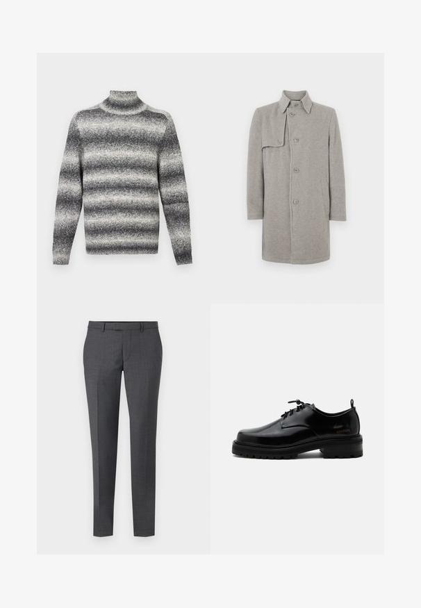 Manteau en laine gris mélangé avec un col, fermeture boutonnée et une poche plaquée sur le côté gauche. Manches longues avec une silhouette droite.; Pullover col roulé rayé gris et blanc avec col côtelé, offrant une texture douce et des manches longues classiques.; Pantalons ajustés gris avec une texture lisse, coupe droite, devant plat et passants de ceinture. Présente un motif à carreaux subtil et un pli sur le devant.; Chaussure en cuir noir poli à lacets, semelle en caoutchouc épaisse et talon bas, texte de marque "SAMSOE" sur le côté et languette arrière.