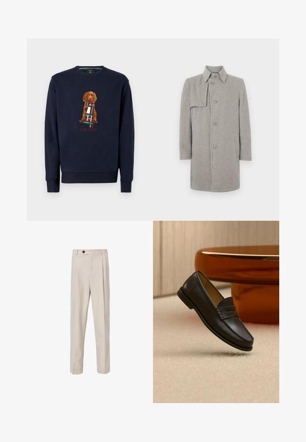 Grau melierter Wollmischmantel mit Kragen, Knopfverschluss und einer aufgesetzten Tasche auf der linken Seite. Lange Ärmel mit gerader Silhouette.; Marineblaues Sweatshirt mit langen Ärmeln, das einen braunen Hund zeigt, der einen karierten Schal hält; darunter der Text "Hackett" in Rot. Weiches Baumwollmaterial.; Beige maßgeschneiderte Hose mit geradem Beinschnitt, vorderen Falten, Knopfverschluss und glatter Stoffstruktur.; Schwarzer Leder-Loafer, der über einem hellbeigen Teppich schwebt, mit bernsteinfarbenen modernen Möbeln im Hintergrund.